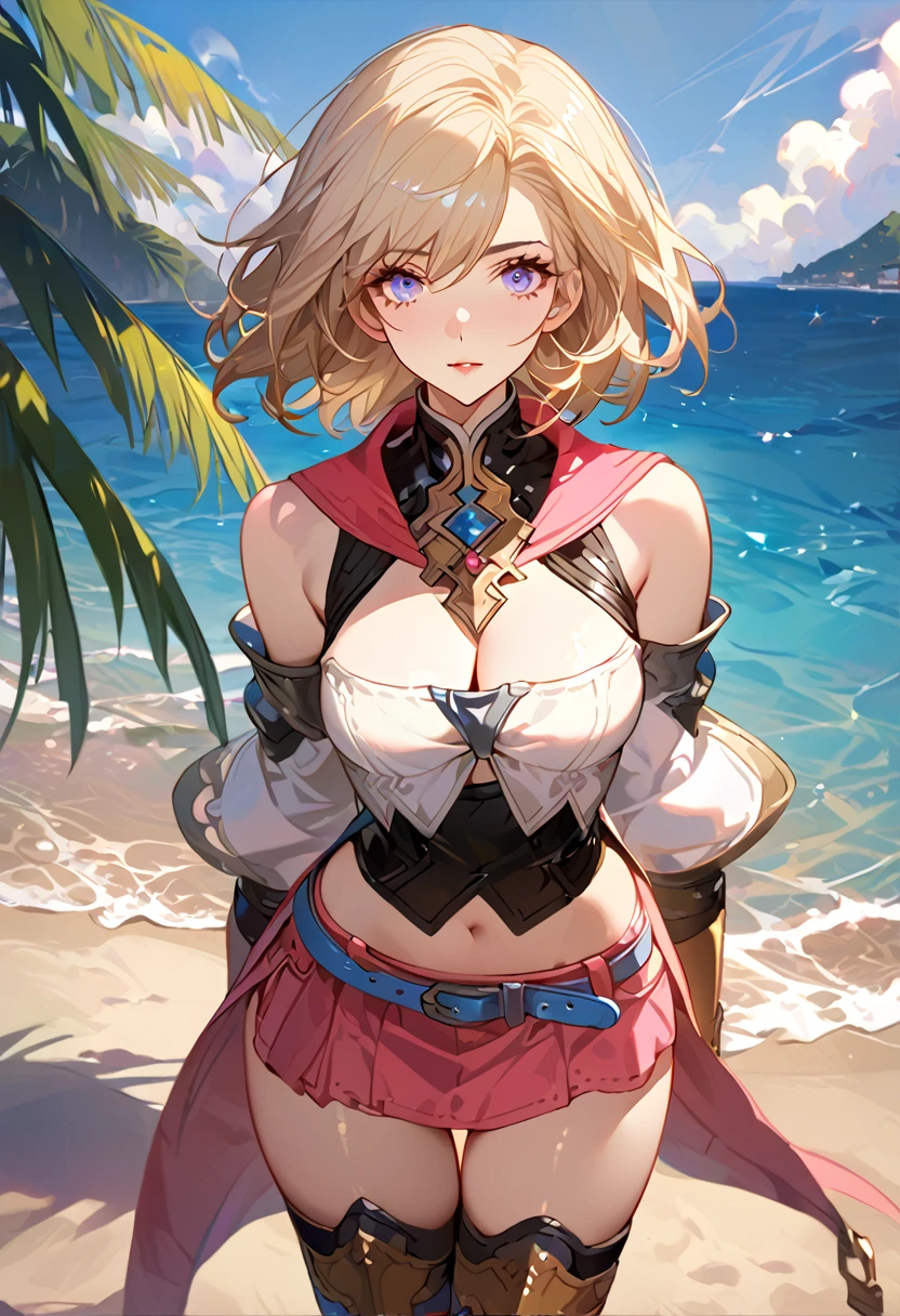 masterpiece, best quality, 8k, 4k, 1girl, ashelia final fantasy xii, Ashelia, medium hair, blonde hair, blue eyes, white detached sailor like collar, brooch, white shirt, cleavage, midriff, detached sleeves, bracer, black corset, pink skirt, microskirt, pink skirt, tight skirt, blue belt, black thigh with gold pattern boots, slim body, looking at viewer, standing nicely, wind blowing, finely detailed eyes and detailed face, face detailed, hair detailed, clothes detailed, ((high quality)), extreme detail, beach sand, palm tree, calm water, high hills overlooking the sea, hollowed hills,  inspired by Asukaziye artist : ask, art style : ask