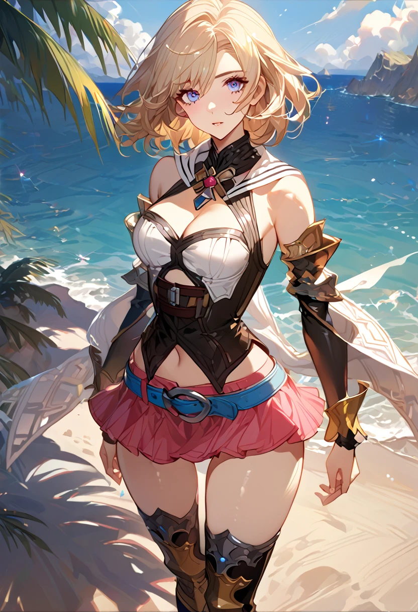masterpiece, best quality, 8k, 4k, 1girl, ashelia final fantasy xii, Ashelia, medium hair, blonde hair, blue eyes, white detached sailor like collar, brooch, white shirt, cleavage, midriff, detached sleeves, bracer, black corset, pink skirt, microskirt, pink skirt, tight skirt, blue belt, black thigh with gold pattern boots, slim body, looking at viewer, standing nicely, wind blowing, finely detailed eyes and detailed face, face detailed, hair detailed, clothes detailed, ((high quality)), extreme detail, beach sand, palm tree, calm water, high hills overlooking the sea, hollowed hills, inspired by Asukaziye artist : ask, art style : ask