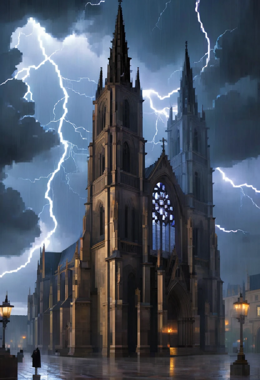 A Gothic cathedral during a thunderstorm, with ais-darkpartz swirling around the spires and lightning illuminating the ominous clouds.
