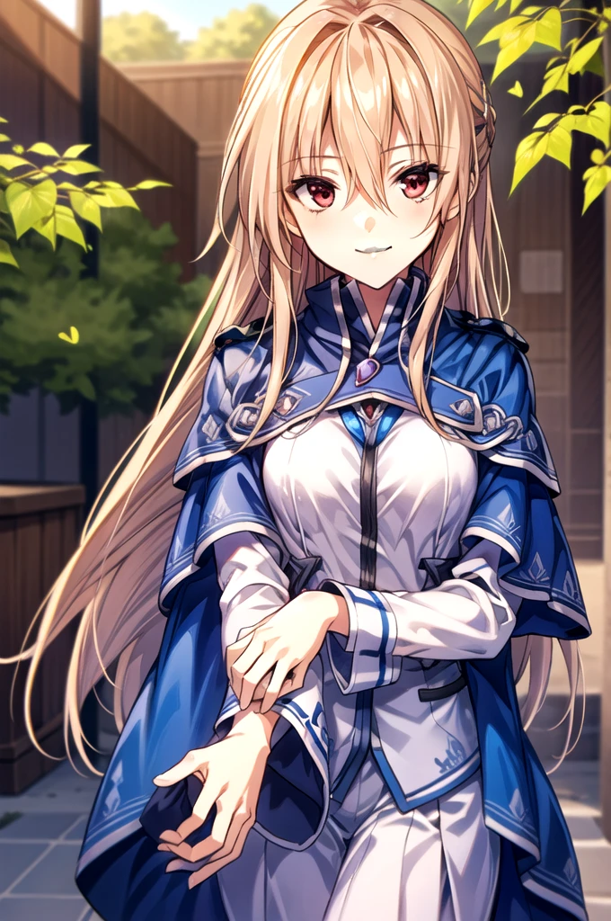 ((masterpiece))、(((Highest quality)))、((Super detailed))、((An illustration))、Attention to detail、Highly detailed CG Unity 8k、High resolution、美しいAttention to detail目、Attention to detail、美しいAttention to detail目,One girl, Long Hair, alone, Hair between the eyes, smile, Red eyes, Floating Hair, Blurred background, Blonde, View your viewers, Blurred, Upper Body, Mouth closed, very Long Hair, bangs, Shiny hair, leaf, Shiny, Capelet, Blue Cape, Yuina Shirakawa,