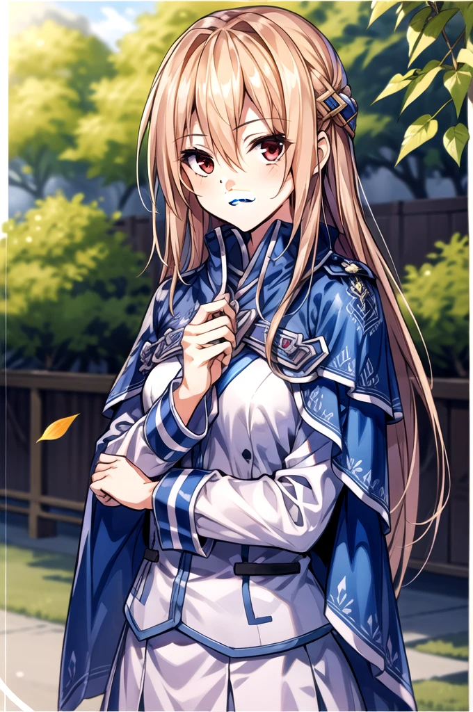 ((masterpiece))、(((Highest quality)))、((Super detailed))、((An illustration))、Attention to detail、Highly detailed CG Unity 8k、High resolution、美しいAttention to detail目、Attention to detail、美しいAttention to detail目,One girl, Long Hair, alone, Hair between the eyes, smile, Red eyes, Floating Hair, Blurred background, Blonde, View your viewers, Blurred, Upper Body, Mouth closed, very Long Hair, bangs, Shiny hair, leaf, Shiny, Capelet, Blue Cape, Yuina Shirakawa,