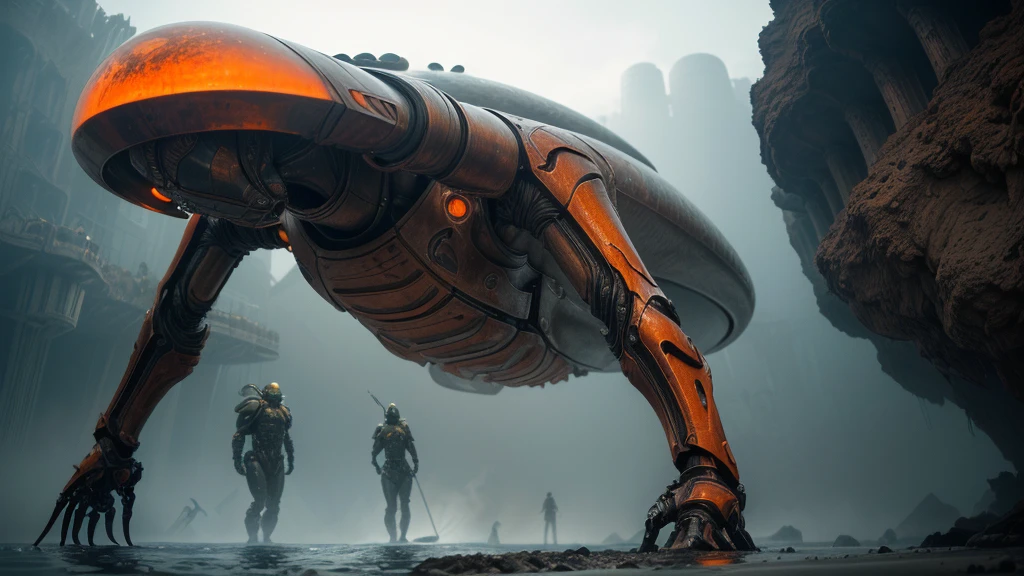 (((coming out of the water))) (((SOPHISTICATED COMBAT PIECE))), ((CARVED STEEL, IMPOSSIBLE), (FORCED PERSPECTIVE VIEW FROM BELOW OF STRAIGHT-LINE BIOMECHANICS OF ALIEN WAR biomechanics of disgusting alien biology) biomechanical alien, unknown, extraterrestrial biology on unknown planet, HEAVY atmosphere with dust particles suspended in the air red - orange WITH SULFUR
