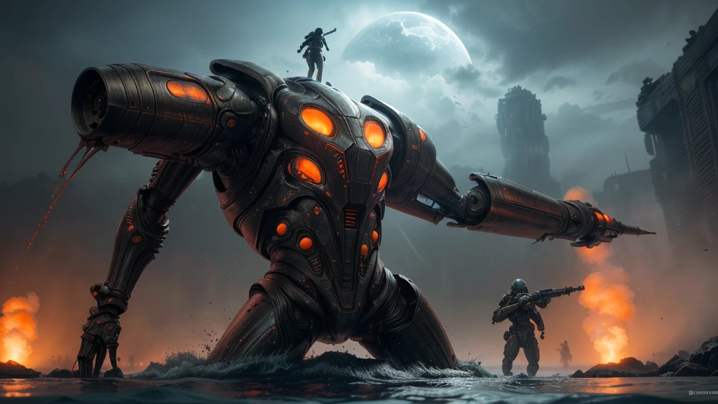 (((coming out of the water))) (((SOPHISTICATED COMBAT PIECE))), ((CARVED STEEL, IMPOSSIBLE), (FORCED PERSPECTIVE VIEW FROM BELOW OF STRAIGHT-LINE BIOMECHANICS OF ALIEN WAR biomechanics of disgusting alien biology) biomechanical alien, unknown, extraterrestrial biology on unknown planet, HEAVY atmosphere with dust particles suspended in the air red - orange WITH SULFUR