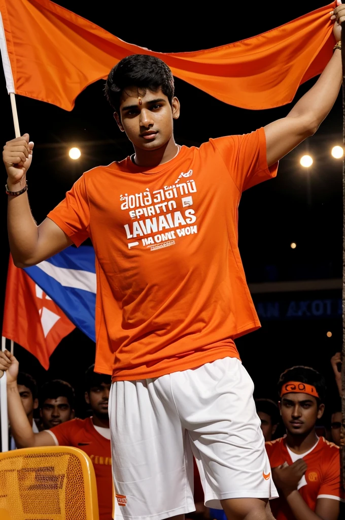 A 20years old boy was celebrating the winning moment with orange flag and ware tshirt with name vamsi