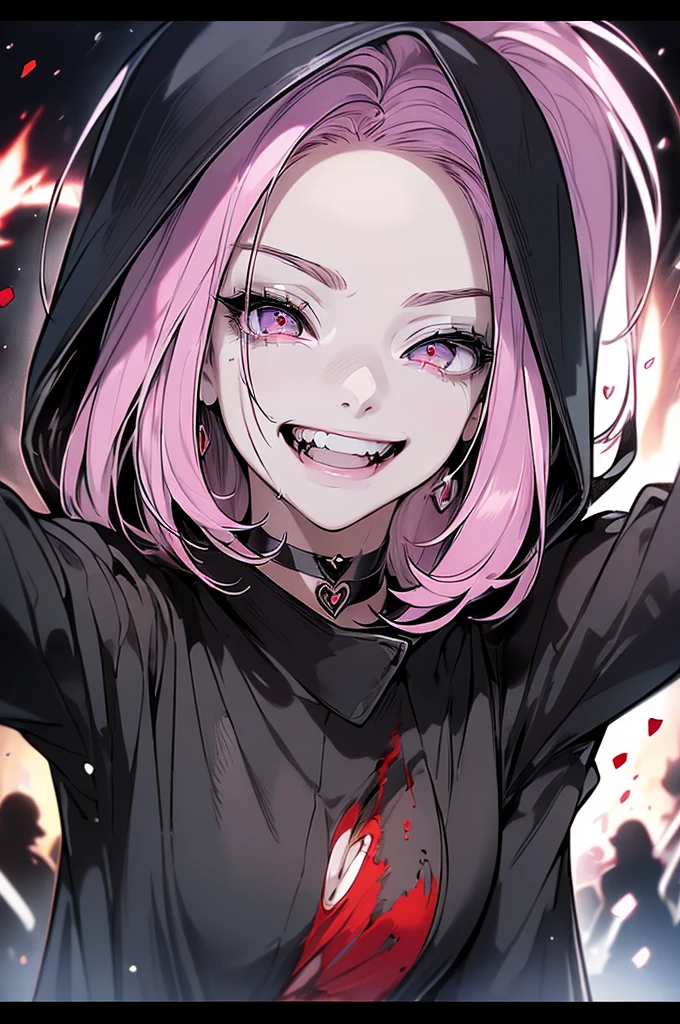 scene:0.9, (Masterpiece), Best Quality, (((ultra detailed, 8k quality))), looking at the viewer, (pink hair, side explosion, Expressive red eyes:0.7, ojos rbright Eyes), (depth perception:0.7, black background,), ((torso)), ((centered)), bright Eyes, ((seductive eye, SMILE, close up, neck choker, ((sfw)), oversized black jacket, facial focus, (clenched teeth), (devious SMILE, devious eyes), shadowed face, evening, Dark, Women, High contrast colors, blood on the face