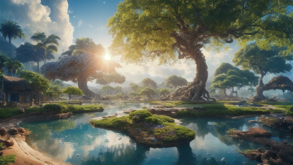 masterpiece, best quality, high quality, extremely detailed CG unity 8k wallpaper, a hyperrealistic colossal cyan raintree, in a futuristic prehistoric village, splashing water, sandy debris, lens flares, sunshaft, fluffy clouds, Hyperdetailed, HDR, bloom, Photorealistic, hyperdetailed