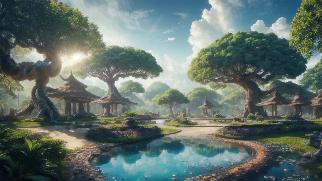 masterpiece, best quality, high quality, extremely detailed CG unity 8k wallpaper, a hyperrealistic colossal cyan raintree, in a futuristic prehistoric village, splashing water, sandy debris, lens flares, sunshaft, fluffy clouds, Hyperdetailed, HDR, bloom, Photorealistic, hyperdetailed