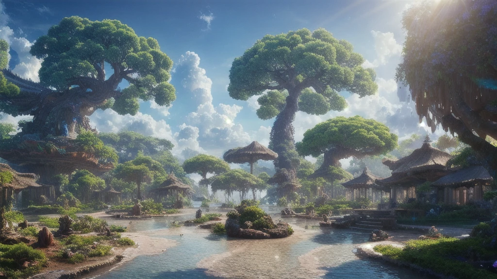 masterpiece, best quality, high quality, extremely detailed CG unity 8k wallpaper, a hyperrealistic colossal cyan raintree, in a futuristic prehistoric village, splashing water, sandy debris, lens flares, sunshaft, fluffy clouds, Hyperdetailed, HDR, bloom, Photorealistic, hyperdetailed