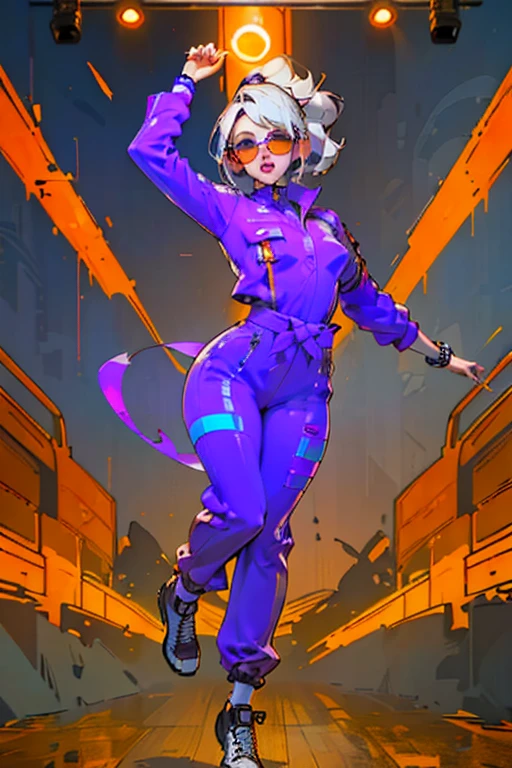 White workwear jumpsuit、A woman wearing a purple outfit with glowing lines, cyber punk, Hard Rock Metal, Mosh Pit, (Highest quality,4K,8K,High resolution,masterpiece:1.2),Live Stage、Red light stripe costume、Oversized sunglasses,Punkish hairstyle、Full body portrait、dynamic dancing
