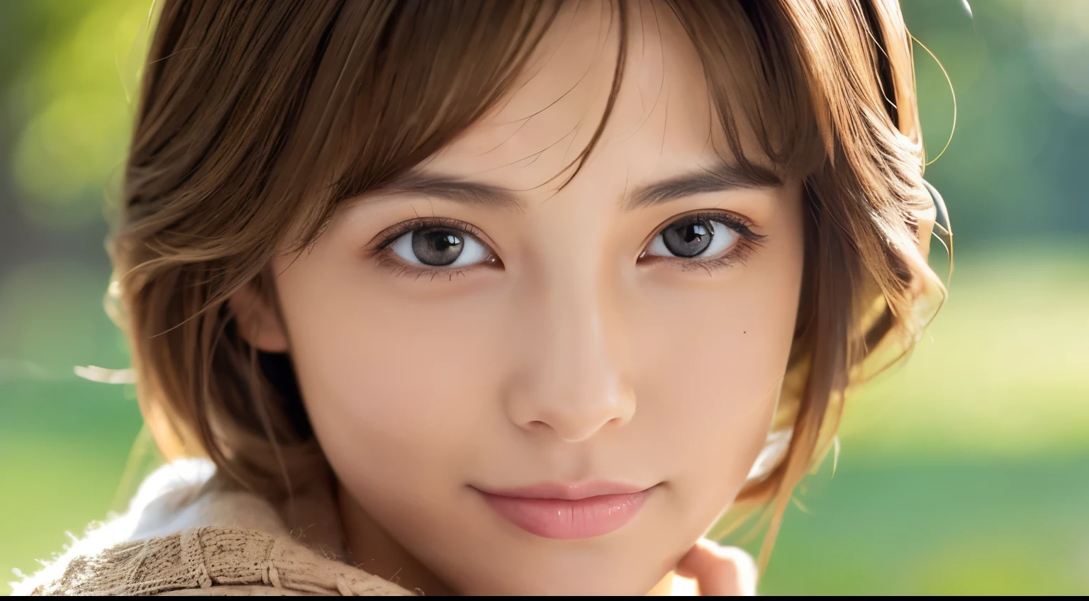 8K, top-quality, masterpiece, realisitic, Photorealsitic, ultra-detailliert, Natural sunlight, extremely detailed face and skin, A detailed eye, Highly detailed face-to-skin intermediate shots, Beautiful woman looking at camera, sexy pose, Beautiful face, Realistic face, Detailed face, Beautiful hairstyle, Realistic eyes, Detailed eyes, Realistic skin, Detailed skin, Beautiful skin, Attractive, A hyper-realistic, Sexy cardigan, Gentle, Brown hair, cute Japanese girls, Full body