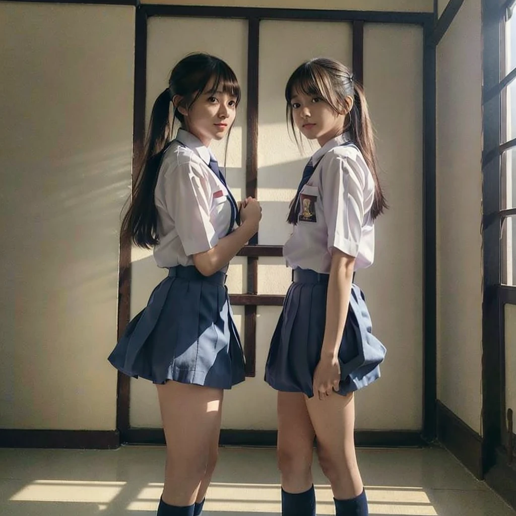 RAW Photo, Best quality, high resolution, (masterpiece: 1.3) (very sharp photo result & detailed face) (hyper realistic photo) 2 japanese girl with japan uniform & miniskirt, they have brown long japan hairstyle with bangs, they skirt are uplifting by their hands, romantic mood, dark dramatic shadow & light on the classroom, lighting sources comes from the window, backlight lighting treatment, UHD, 8K"