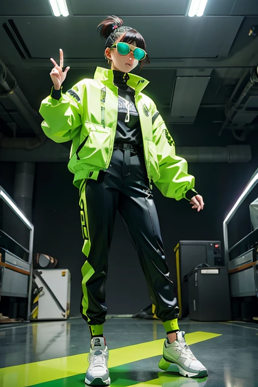 White workwear jumpsuit、Costume with glowing yellow-green linesを着た女性, cyber punk, Hard Rock Metal, Mosh Pit, (Highest quality,4K,8K,High resolution,masterpiece:1.2),Live Stage、Costume with glowing yellow-green lines、Oversized sunglasses,Punkish hairstyle、Full body portrait、dynamic dancing
