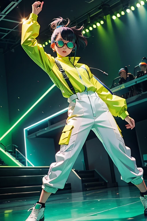 White workwear jumpsuit、Costume with glowing yellow-green linesを着た女性, cyber punk, Hard Rock Metal, Mosh Pit, (Highest quality,4K,8K,High resolution,masterpiece:1.2),Live Stage、Costume with glowing yellow-green lines、Oversized sunglasses,Punkish hairstyle、Full body portrait、dynamic dancing
