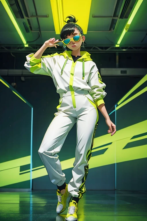 White workwear jumpsuit、Costume with glowing yellow-green linesを着た女性, cyber punk, Hard Rock Metal, Mosh Pit, (Highest quality,4K,8K,High resolution,masterpiece:1.2),Live Stage、Costume with glowing yellow-green lines、Oversized sunglasses,Punkish hairstyle、Full body portrait、dynamic dancing
