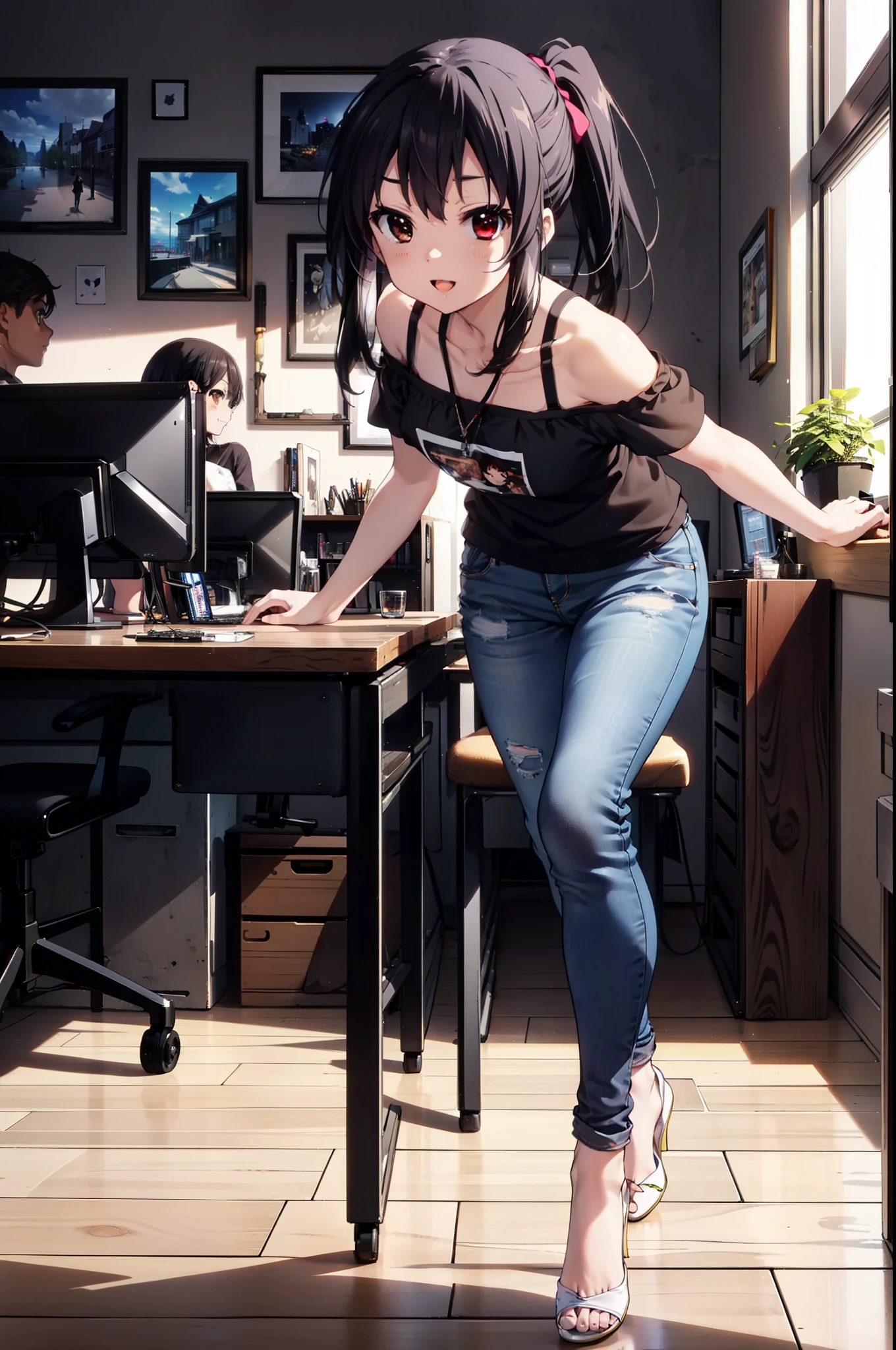 meet, Azusa Nakano, Black Hair, (Brown eyes:1.5), Long Hair, ponytail,Cold shoulder tops,Short sleeve,Skinny jeans,Stiletto heels,happy smile, smile, Open your mouth,interior,There is a computer on the table,Walking,So that the whole body goes into the illustration,昼間
break indoors, office,
break looking at viewer,
break (masterpiece:1.2), Highest quality, High resolution, unity 8k wallpaper, (figure:0.8), (Beautiful attention to detail:1.6), Highly detailed face, Perfect lighting, Highly detailed CG, (Perfect hands, Perfect Anatomy),