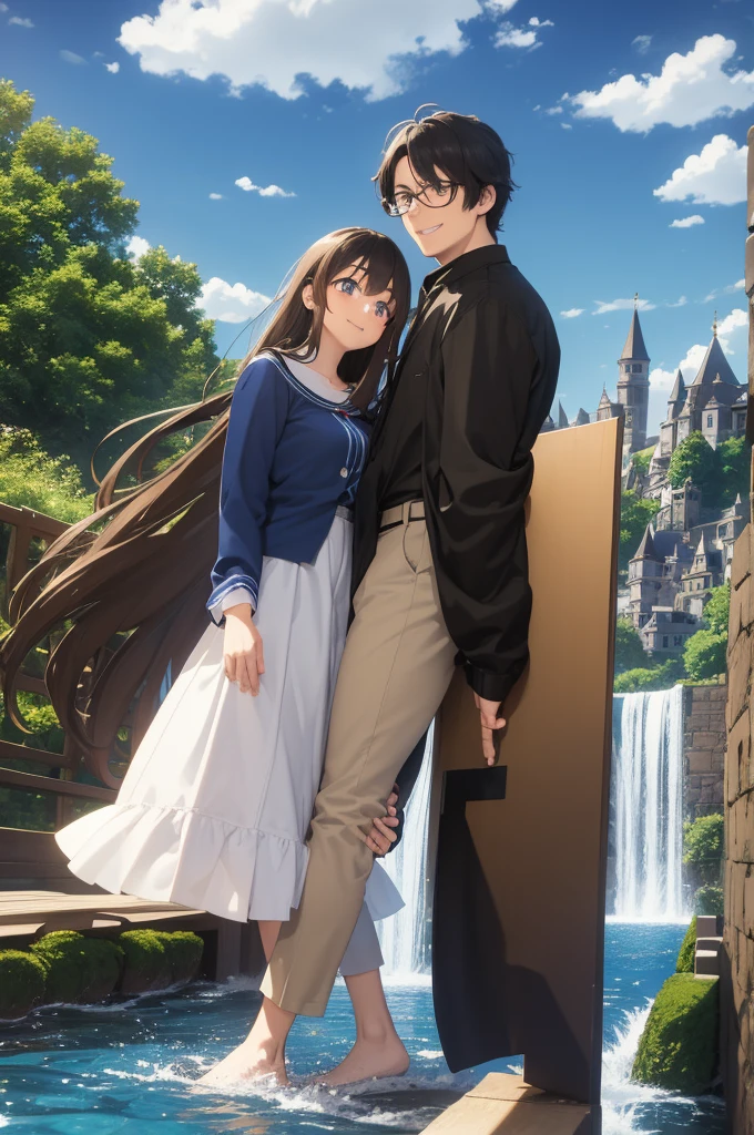 masterpiece, anime, cute, romantic, best quality, 2others, couple, mature, adult, height difference, different fashion, different color, casual clothes, long sleeves, smile, happy, love, swirling wind, blue sky, long haired man, light brown haired man, black haired woman, long haired woman, bespectacled woman, castle, waterfall