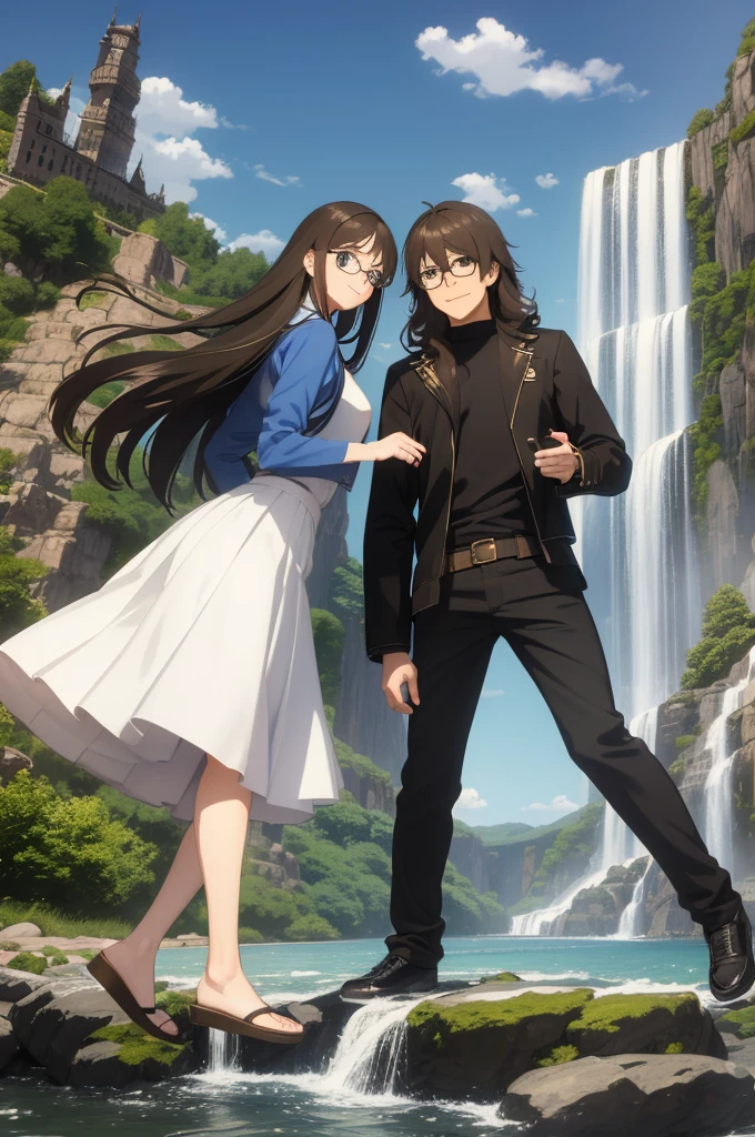 masterpiece, anime, cute, romantic, best quality, 2others, couple, mature, adult, height difference, different fashion, different color, casual clothes, long sleeves, smile, happy, love, swirling wind, blue sky, long haired man, light brown haired man, black haired woman, long haired woman, bespectacled woman, castle, waterfall  