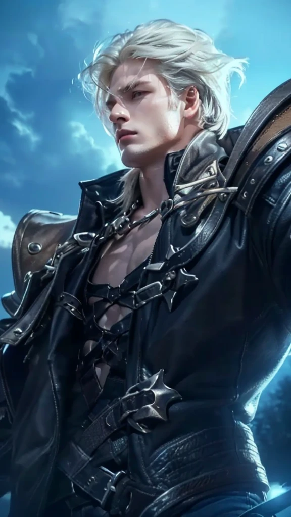 a close up of a boy holding a sword in a field, silver hair, leather jacket, johan liebert mixed with alucard, extremely detailed eyes and face, detailed art, digital painting, cinematic lighting, dramatic shadows, moody atmosphere, fantasy, dark, gritty, hyper realistic, unreal engine, 8k, photorealistic, masterpiece