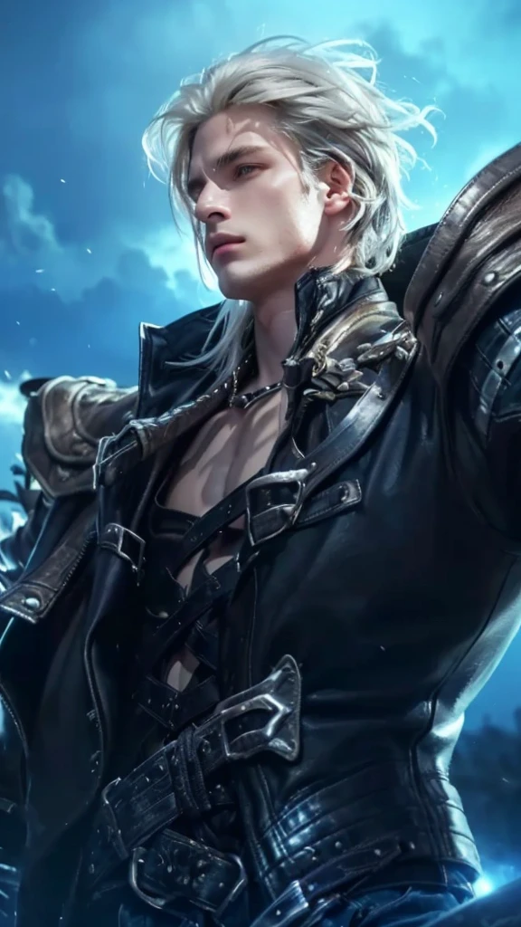 a close up of a boy holding a sword in a field, silver hair, leather jacket, johan liebert mixed with alucard, extremely detailed eyes and face, detailed art, digital painting, cinematic lighting, dramatic shadows, moody atmosphere, fantasy, dark, gritty, hyper realistic, unreal engine, 8k, photorealistic, masterpiece