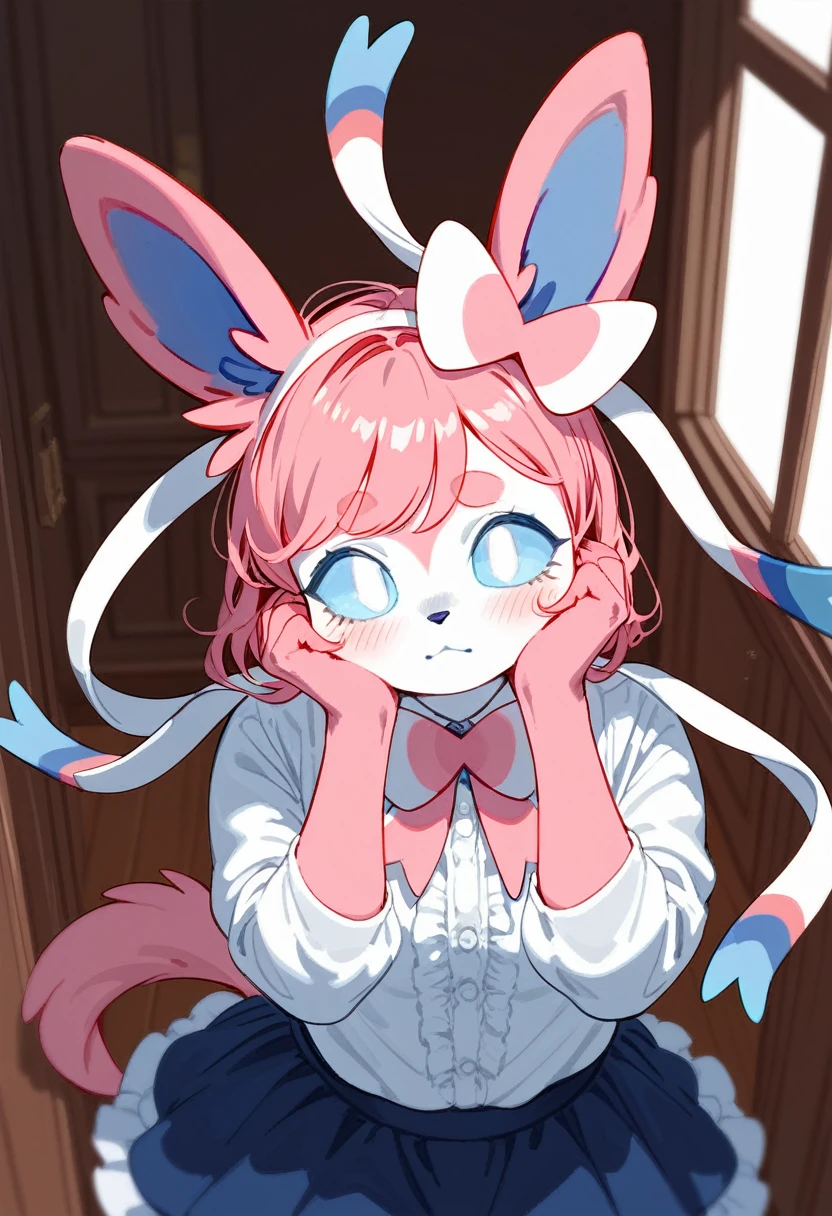 Alone, score_9,score_8_above,score_7_above, a female anthro hairy sylveon, calvo, blue sclera, white eyes, wearing pink blouse, white shirt ruffled skirt, inside, shy pose, hands to his face