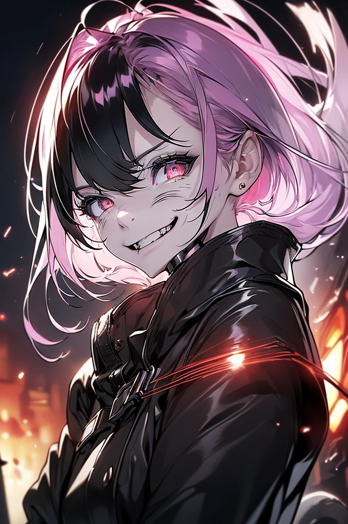 scene:0.9, (Masterpiece), Best Quality, (((ultra detailed, 8k quality))), looking at the viewer, (pink hair, side explosion, Expressive red eyes:0.7, ojos rbright Eyes), (depth perception:0.7, black background,), ((torso)), ((centered)), bright Eyes, ((seductive eye, SMILE, close up, neck choker, ((sfw)), oversized black jacket, facial focus, (clenched teeth), (devious SMILE, devious eyes), shadowed face, evening, Dark, Women, High contrast colors, blood on the face