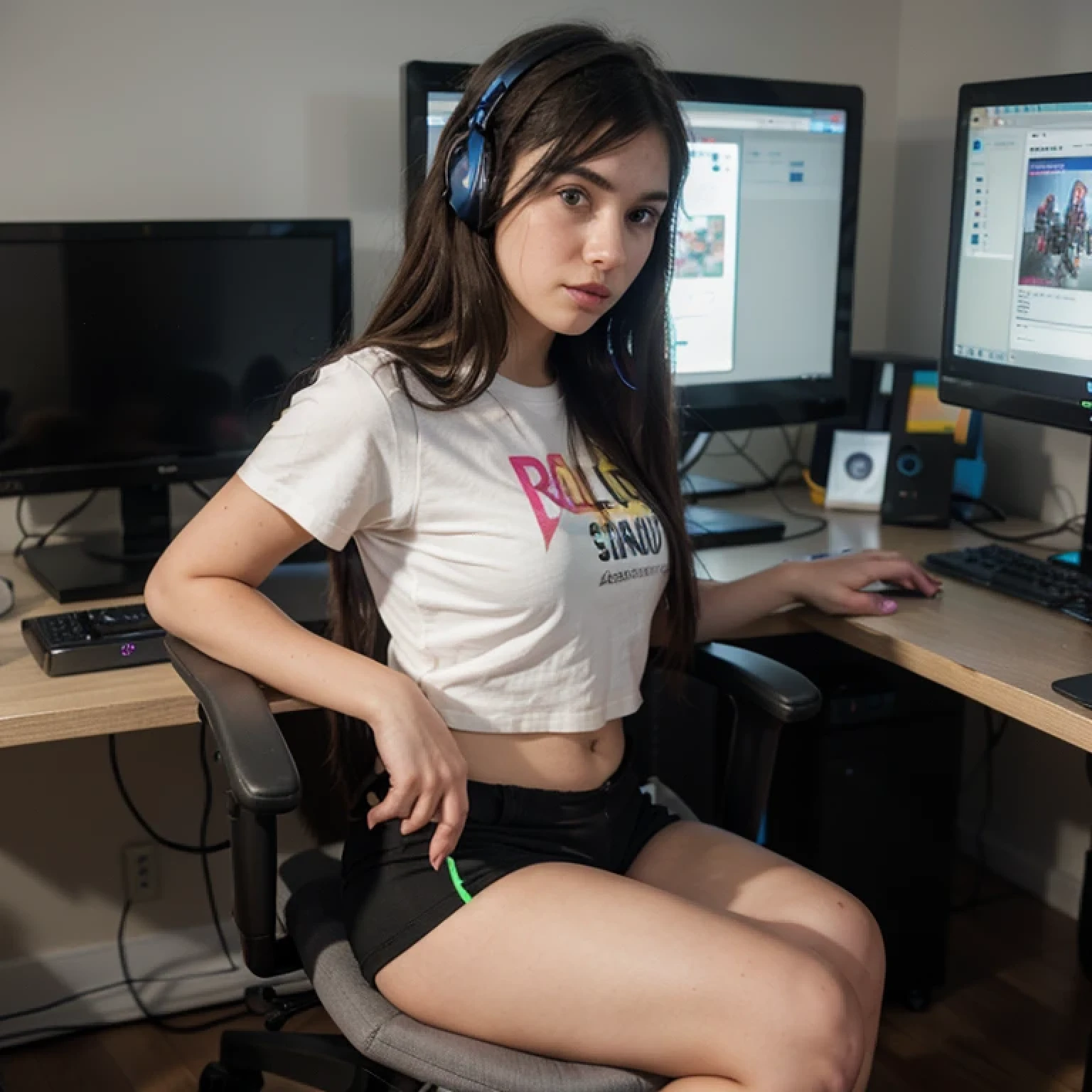 gorgeous girl in her late 20s wearing black neon shorts and t-shirt, playing video game on desktop PC, gamer girl, sitting on an gamer chair, curvy, large hip, very long hair, camera takes side view photo of the girl, she is facing the desktop monitor, detailed hands, detailed fingers, RGB PC case in background