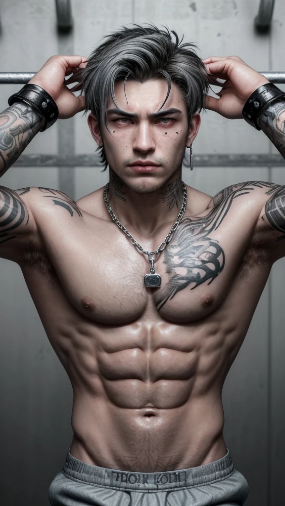 generates a young man, very handsome and with perfect features, he has scars on his body, piercings in his ears, shoulder button and breasts, very thick silver chains on his neck, some chains on his hands and a, he is shirtless, he has His very hairy body has tattoos on parts of his body, he is muscular and very sweaty, his hands are restrained with handcuffs, he is only wearing short, tight gray boxers, a very large bulge is very noticeable, and he is in the background of a prison, with metal bars in front of it