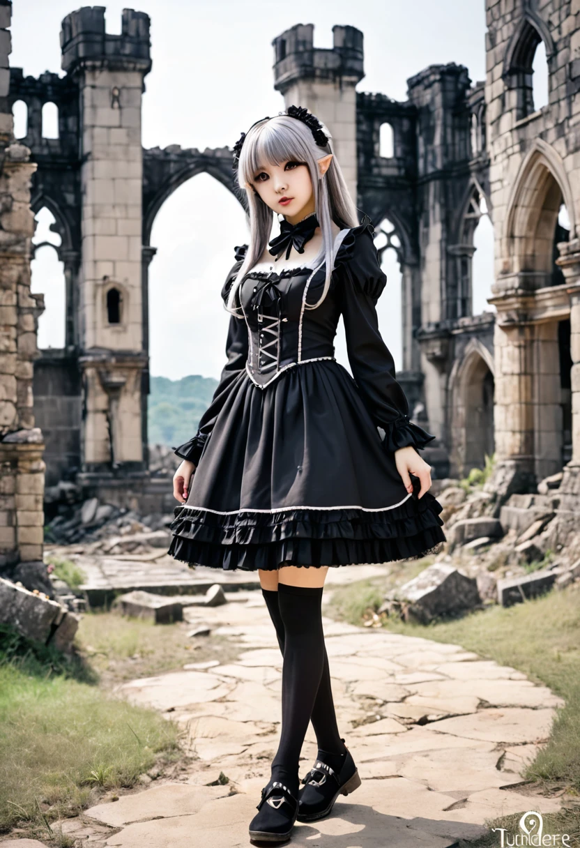 It's like a photo、Full body gothic lolita fashion、Tsundere Chara、Dark Elf、Hair is silver、skin color is wheat-colored。In the background is the ruins of a medieval castle.