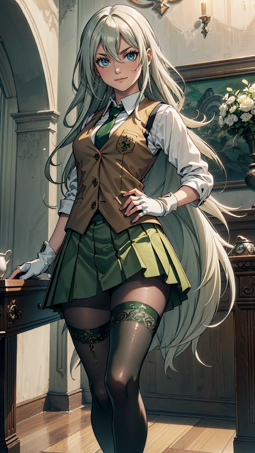 最high quality、Ultra High Definition, Ultra High Quality, Hyper Definition, Hyper Quality, Hyper Detailed, Extremely Detailed, Perfectly Detailed, Best image quality、masterpiece、woman((20-year-old、super dynamic pose , Green solid eyes, Silver long Hair、Disheveled Hair、Long White Hair、thin,Fingerless Glove、Green Skirt, Tights, Smirk、Brown School Vest , White School Shirt, Dressed in school)),high quality、Beautiful art、background((Inside the mansion))、Written boundary depth、 movie、Visual Arts、Perfect art、8K,Genuine、