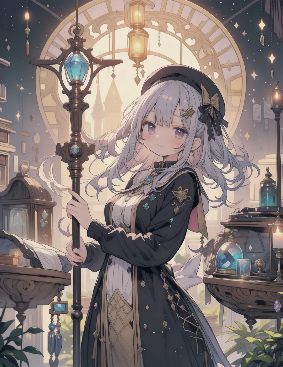 
natural lighting, dusk, dawn, light smile, upturned cheeks, slightly shining hair, half up do, beret, hair ornament, alchemist, atelier series, large staff, gold, silver, Gemstones, brilliance, precious, 1girl, solo, fantasy landscapes, Scholarly, intellectual, floating light, magnificent, splendid,