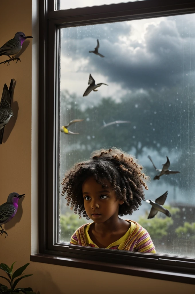 In the foreground a dark-skinned girl, curly hair looking through the window, where he contemplates the gray sky, almost at dusk, but surrounded by different colorful birds that adorn the sky