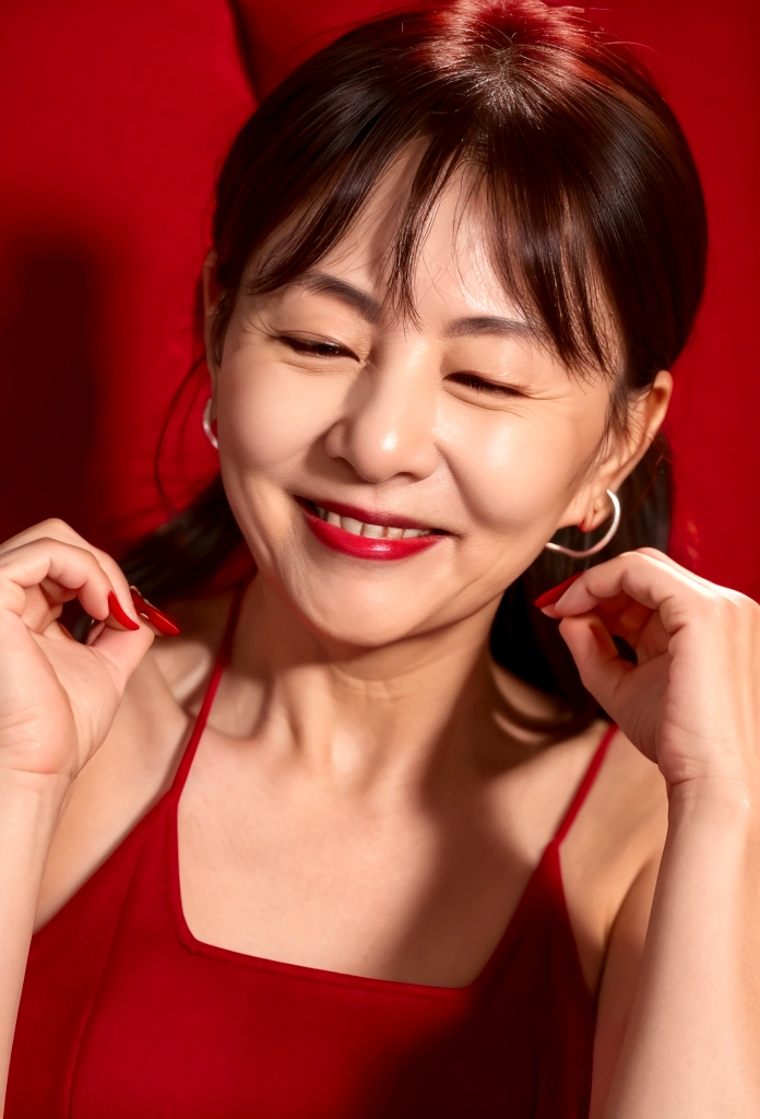 (8K, RAW Photos, Highest quality, masterpiece:1.2), (Realistic, photo-Realistic:1.37), Super detailed, 55 years old,1 female,round face,cute, alone,Talking,night,Sitting,Date,(Red nose),(smile:1.1),(Mouth closed)