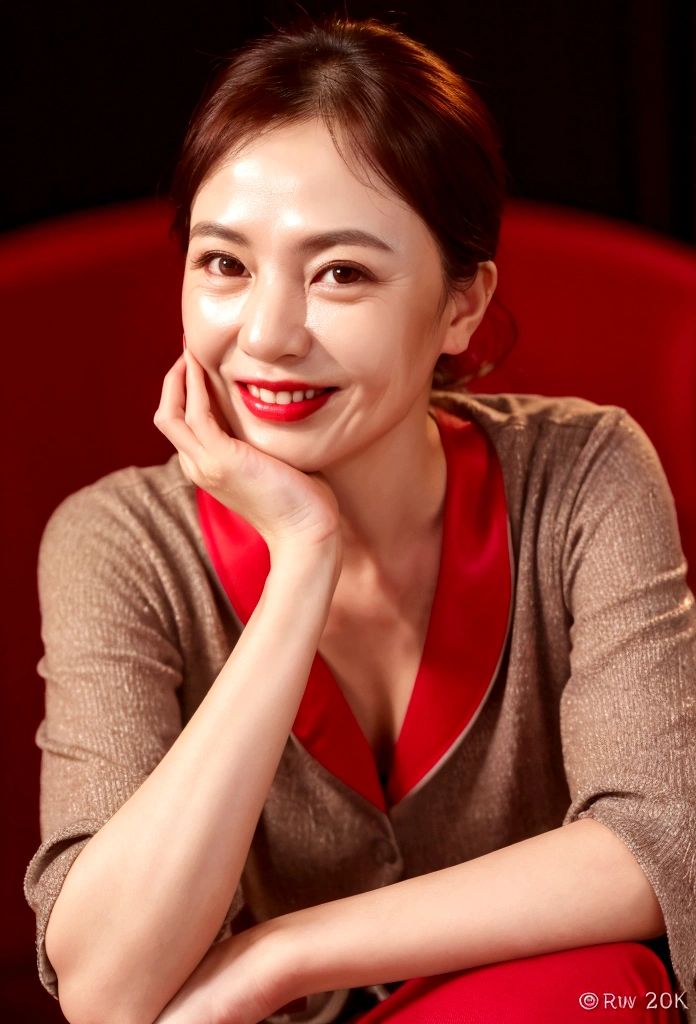 (8K, RAW Photos, Highest quality, masterpiece:1.2), (Realistic, photo-Realistic:1.37), Super detailed, 45 years old,1 female,round face,cute, alone,Talking,night,Sitting,Date,(Red nose),(smile:1.1),(Reduce skin exposure)