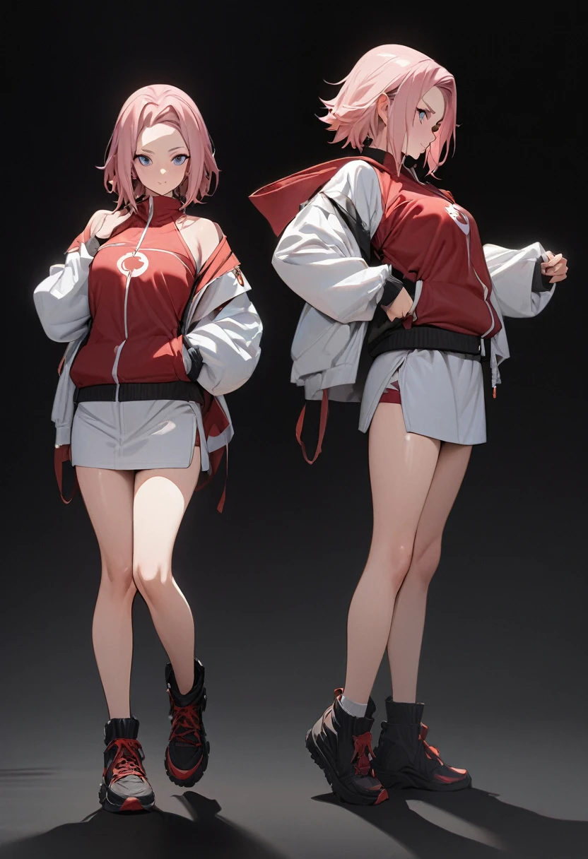 (masterpiece:1.2),(best quality:1.2),(masterpiece, best quality, ultra-high resolution), (1girl), (1 character), (Sakura Haruno), (White background), (No background), (Full body), natural pose, Standing, pink hair, naruto character, perfect details in clothing