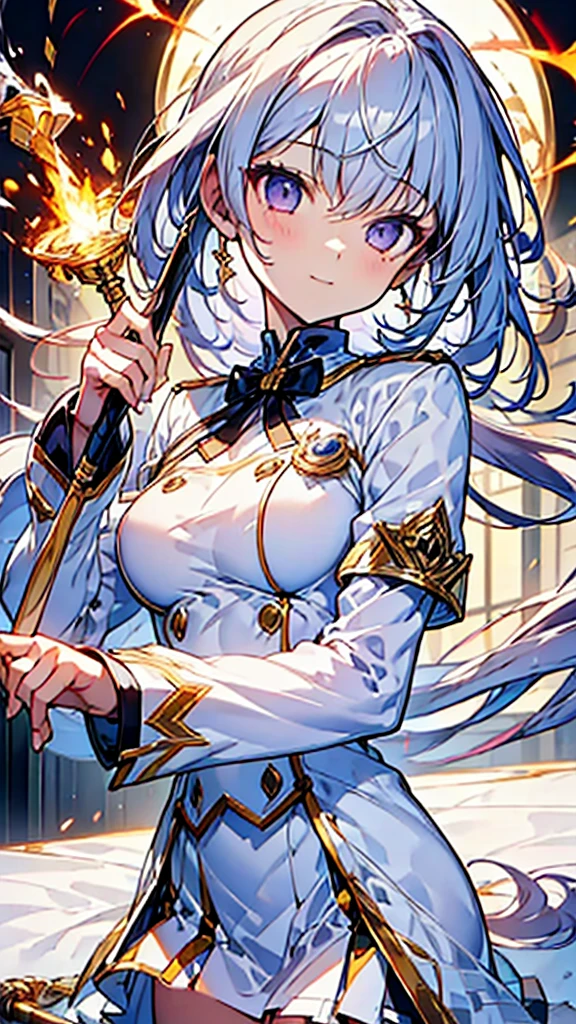 highest quality,(highest quality)),((table top)),((perfect face)),(background blur),1 girl.white uniform,white Jacket,Jacket,cane,woman,Has a magic cane,Flames flutter,Platinum and golden hair,purple eyes