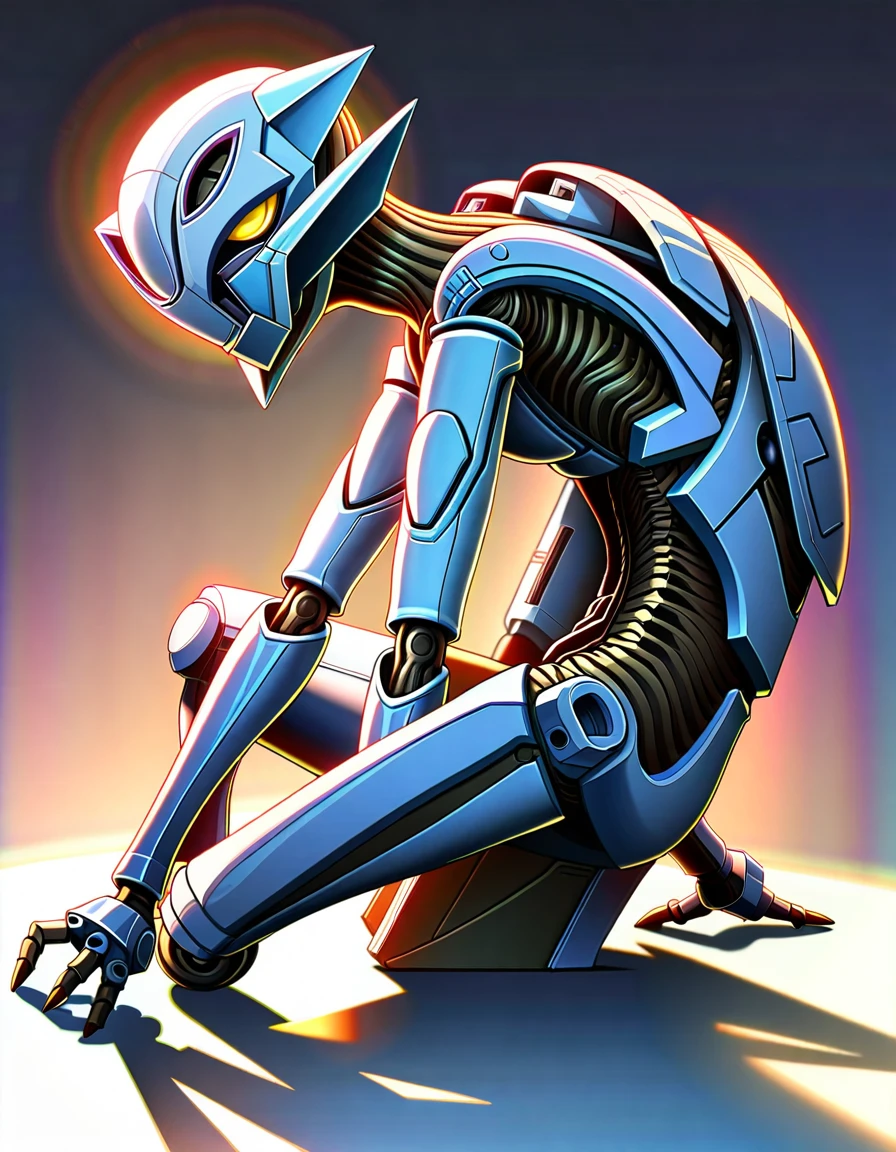 ultra-detailed:1.3, ultra delicate and detailed face:1.3, (absurdres, texture, masterpiece), pixiv contest winner, sumi-e, by Kuniyoshi Utagawa, disdain, decadence, 1 mechanical girl,(from side),cinematic light,solo,full body,(machine made joints:1.2),((machanical limbs)),(blood vessels connected to tubes),(mechanical vertebra attaching to back),((mechanical cervial attaching to neck)),(sitting),expressionless,(wires and cables attaching to neck:1.2),(wires and cables on head:1.2)(character focus),science fiction,extreme detailed,colorful,highest detailed