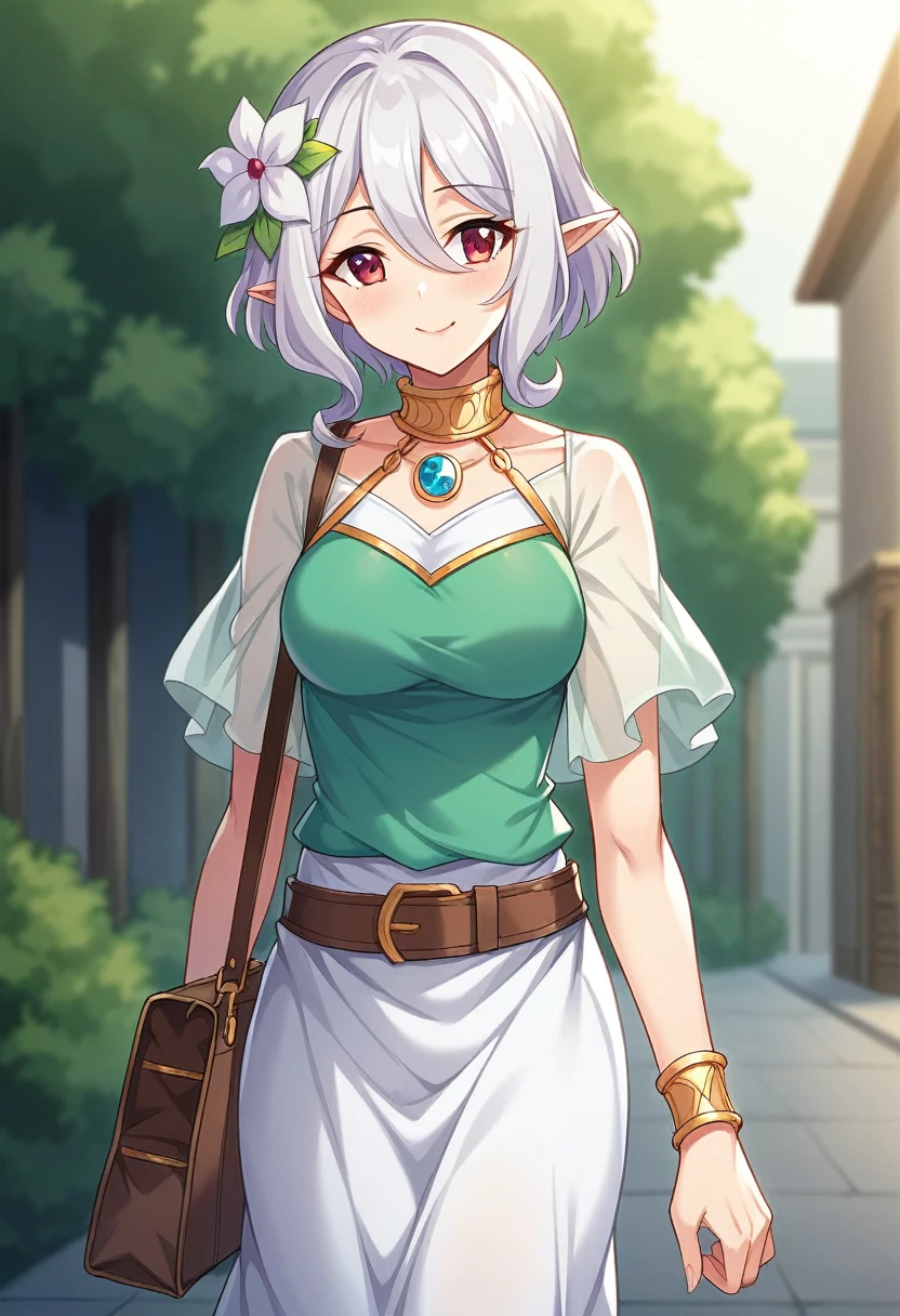 Blue sky, main street, old German capital, solo, one girl, Kokkoro (Princess Connect!) , smile, , elf, red eyes, short hair, white hair, protruding left shoulder, white flower decoration on the left side of the head, brown belt, accessory case next to the belt, blue gemstone pendant with gold decoration on the neck, gold collar on the neck, 1 gold bracelet on the left hand, 2 gold bracelets on the right hand, carrying a bag, walking, cowboy shot, front, close up, game CG, 2023, very beautiful, top quality, excellent quality carefully selected, illustrated, highly detailed,