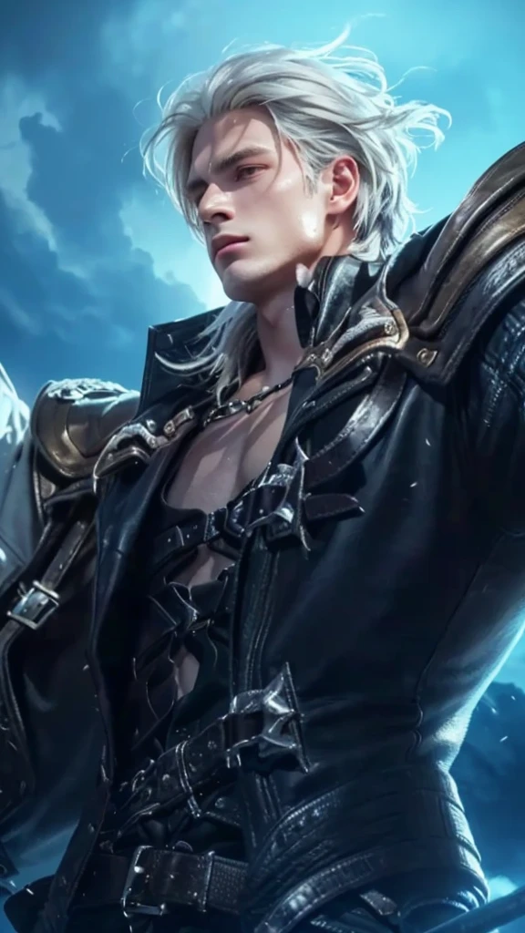 a close up of a boy holding a sword in a field, silver hair, leather jacket, johan liebert mixed with alucard, extremely detailed eyes and face, detailed art, digital painting, cinematic lighting, dramatic shadows, moody atmosphere, fantasy, dark, gritty, hyper realistic, unreal engine, 8k, photorealistic, masterpiece