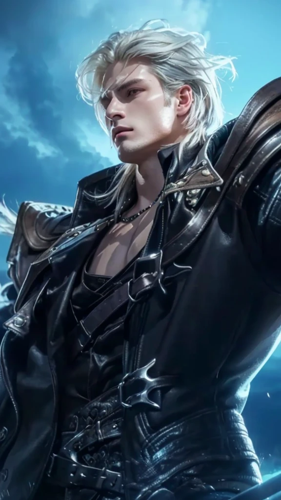 a close up of a boy holding a sword in a field, silver hair, leather jacket, johan liebert mixed with alucard, extremely detailed eyes and face, detailed art, digital painting, cinematic lighting, dramatic shadows, moody atmosphere, fantasy, dark, gritty, hyper realistic, unreal engine, 8k, photorealistic, masterpiece