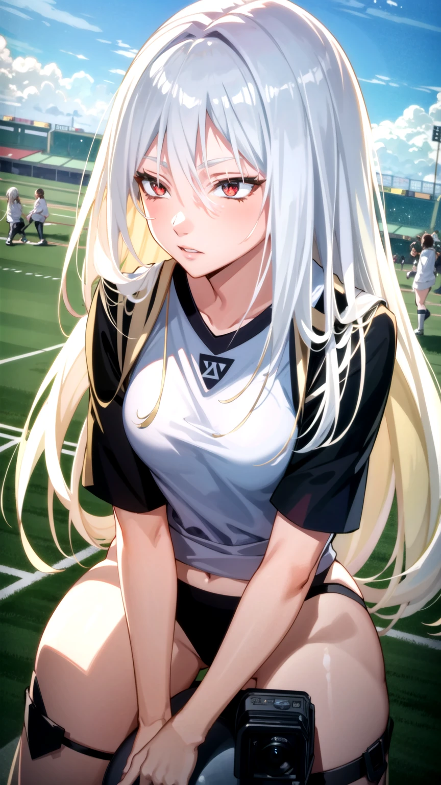 Masterpiece, best quality, very detailed, Ultra high resolution, (photorealistic:1.4), raw photos, (realistic:0.2), 1 girl, alone, long hair,,8k hdr, 1 girl,white hair,red eyes, medium-large breast, bright eyes, , medium-small breasts,Wear a Buriram shirt, Ball Field