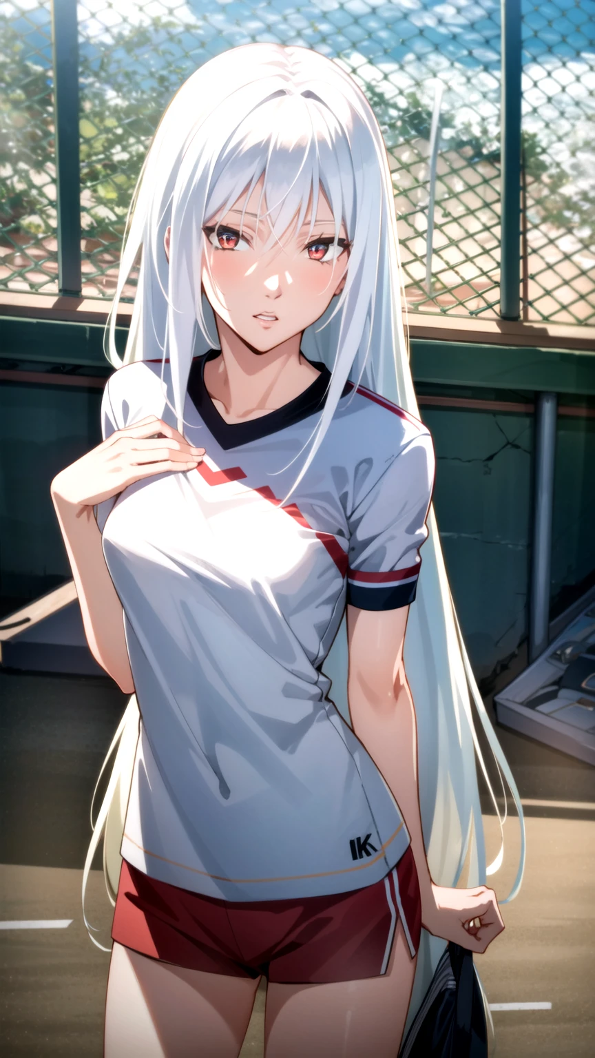 Masterpiece, best quality, very detailed, Ultra high resolution, (photorealistic:1.4), raw photos, (realistic:0.2), 1 girl, alone, long hair,,8k hdr, 1 girl,white hair,red eyes,  medium-large breast, bright eyes, , medium-small breasts,Wear a Buriram shirt, Ball Field