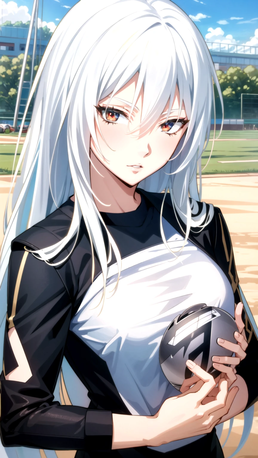 Masterpiece, best quality, very detailed, Ultra high resolution, (photorealistic:1.4), raw photos, (realistic:0.2), 1 girl, alone, long hair,,8k hdr, 1 girl,white hair,red eyes,  medium-large breast, bright eyes, , medium-small breasts,Wear a Buriram shirt, Ball Field