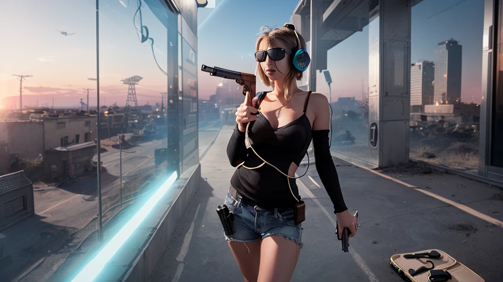 at night, 1woman alone, solo, medium breast, (((((pointing gun at viewer, black sunglasses, headphone))))), photo realistic, sci-fi scence