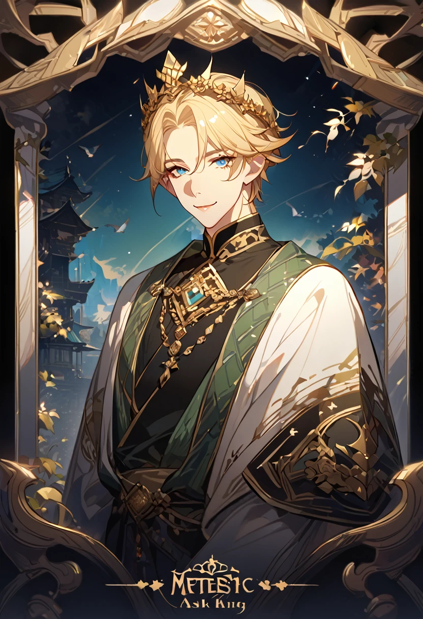 masterpiece, best quality, 8k ,4k , 1male, elf King, Golden Blond, Blue greenish eyes, gold wreath crown, hair ornament, finely detailed eyes and detailed face, looking at viewer, black sleeveless, half robe, patterned clothes, gold embroidery clothes, meticulous clothes, mature clothe, majestic looks, smiling gently, small bird, full body, inspired by Asukaziye artist : ask, art style : ask
