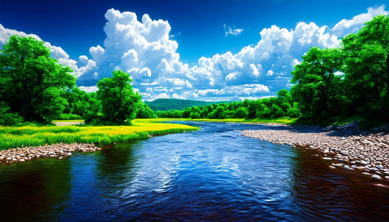 Summer sky,Realistic,Very realistic,Extreme Detail,Breathtakingly realistic,High contrast realism,High Saturation Realism,Vibrant colors,Dramatic lighting,Fascinating landscape,Persuasive storytelling,Atmospheric scenery,Captivating visuals,Intricate details,Strong emotions,Heavenly Beauty,A dreamlike world, river
