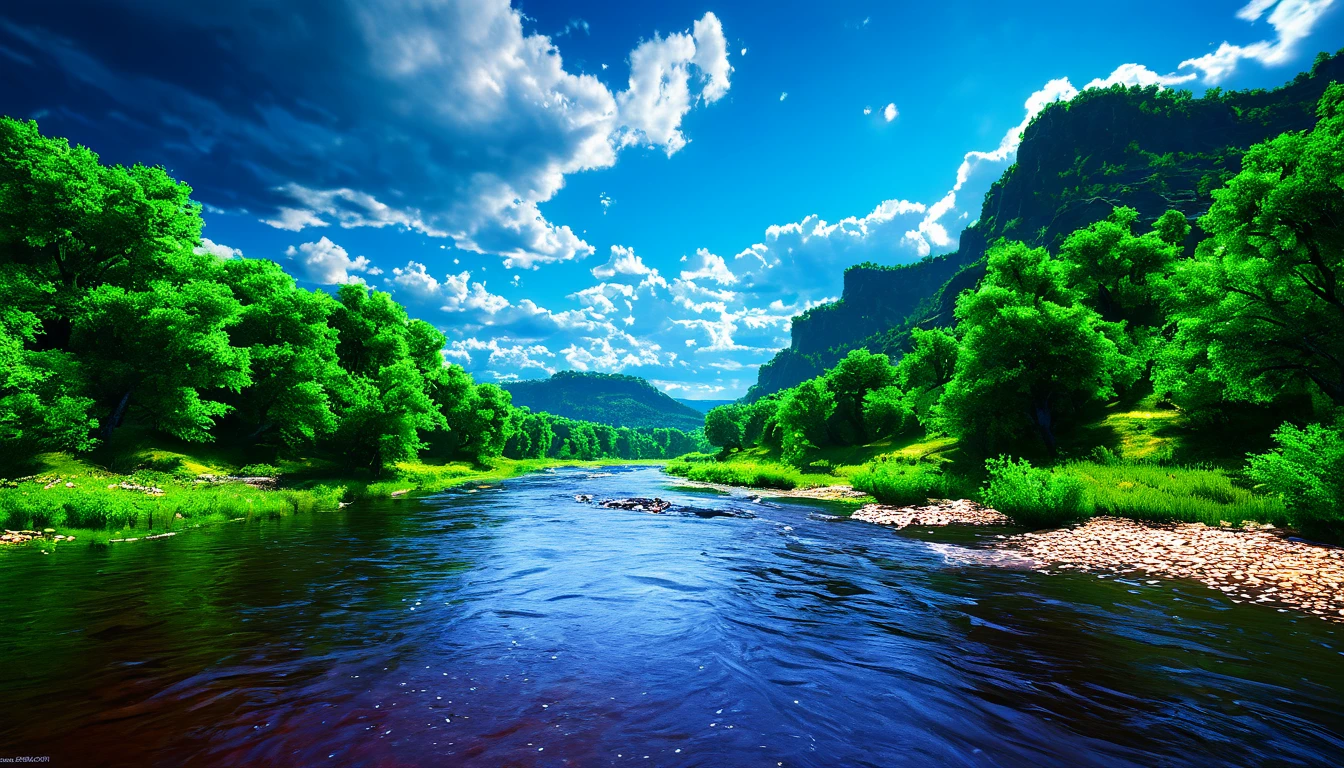 Summer sky,Realistic,Very realistic,Extreme Detail,Breathtakingly realistic,High contrast realism,High Saturation Realism,Vibrant colors,Dramatic lighting,Fascinating landscape,Persuasive storytelling,Atmospheric scenery,Captivating visuals,Intricate details,Strong emotions,Heavenly Beauty,A dreamlike world, river