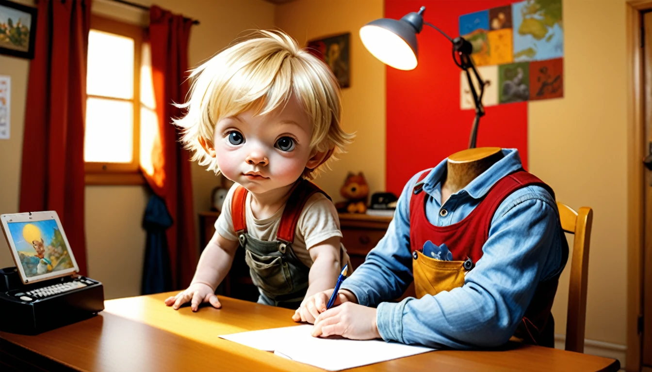 (photo film style), anthropomorphic, cute blond hair baby b, in his room, studying, 2D, colorful, warm atmosphere, shiny, Jean-Baptiste Monge style, Alan Lee style