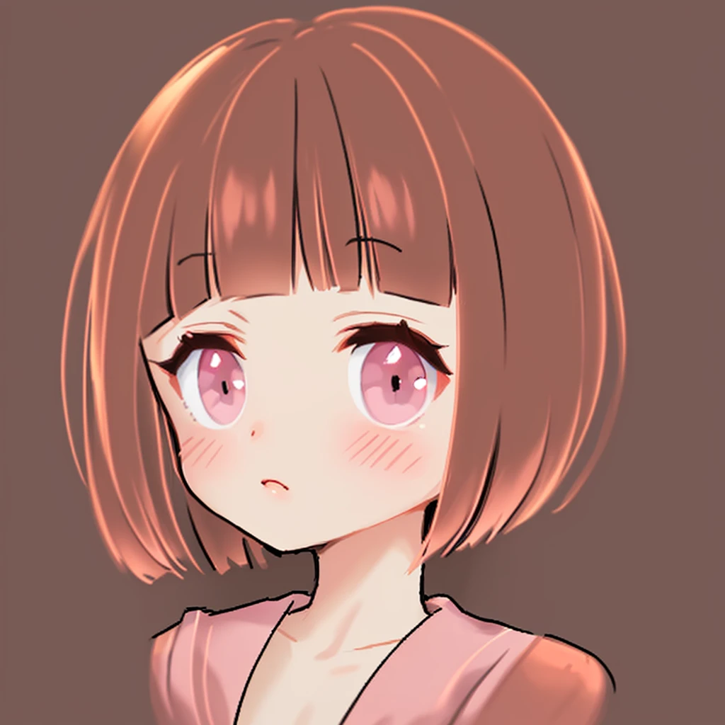Create a portrait of a woman with brown hair in pink tones。Her eyes are a beautiful brown color、Has a light pink blush。The background is simple、I&#39;d like a setting that highlights her hair and eyes.。