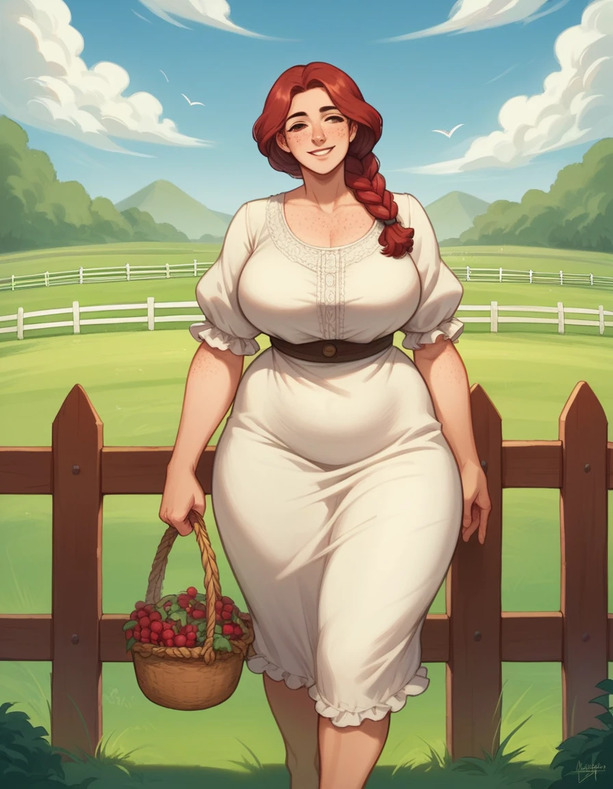 best quality, super fine, 16k, incredibly absurdres, extremely detailed, 2.5D, delicate and dynamic, a beautiful woman of 40 years, mature woman, slight smile. Mahogany-red hair, loose braid. brown eyes, black eyebrows, strong eyebrows. High cheekbones, strong chin. Freckles. Large breasts, voluptuous, broad hips. Wearing a white blouse, tweed skirt. (Walking across beautiful English countryside), (pastures in the background), sheep, fence.