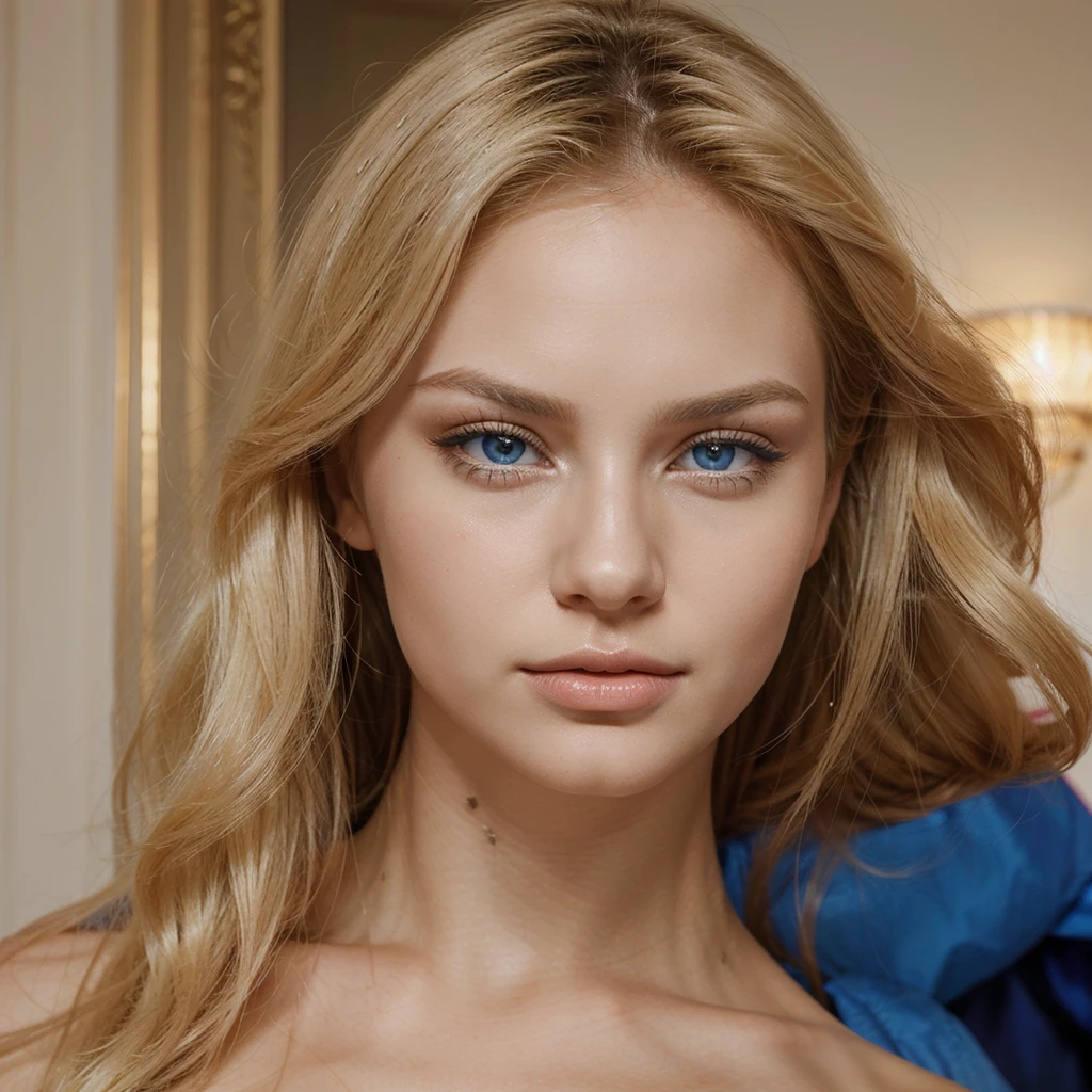 an extremely beautiful woman, her hair is deep blonde, Her lips are prominent and stand out on her beautiful face., His eyes are an intense blue and he has Russian characteristics such as cold-toned skin.. 